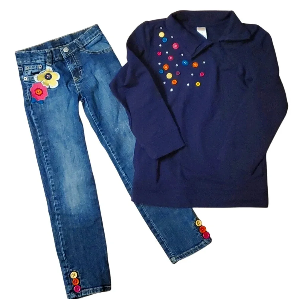 Gymboree Girls‎ Button and Floral Matching Outfit- Navy Sweatshirt and Jeans